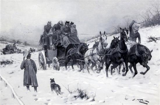 George Wright (1860-1942) Exercising the pack and Out of the snowdrifts 18 x 21in. & 18 x 24in.